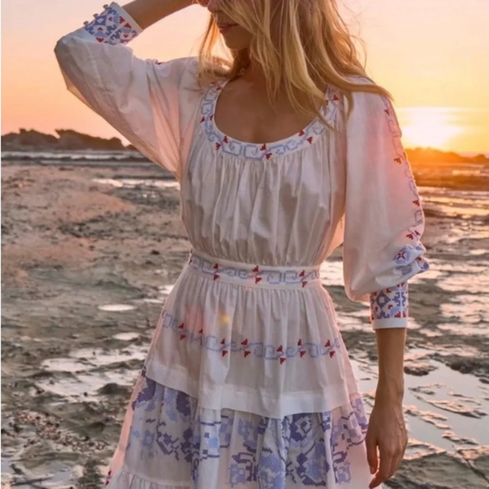 HUNTER BELL Ellie Dress White with Blue Embroidery - Picture 4 of 6